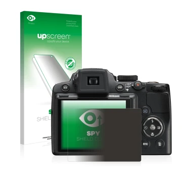 Front side of a product packaging with the brand logo upscreen. Next to it is the device Nikon Coolpix P500 shown with the cor