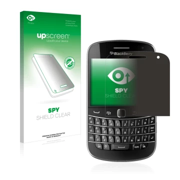 Front side of a product packaging with the brand logo upscreen. Next to it is the device RIM BlackBerry Bold Touch 9900 shown 