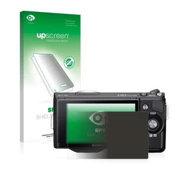 Front side of a product packaging with the brand logo upscreen. Next to it is the device Sony Alpha NEX-5N shown with the corr