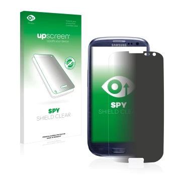 Front side of a product packaging with the brand logo upscreen. Next to it is the device Samsung Galaxy S3 I9300 shown with th
