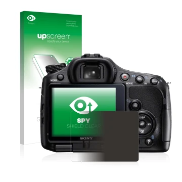 Front side of a product packaging with the brand logo upscreen. Next to it is the device Sony Alpha 57 (SLT-A57) shown with th