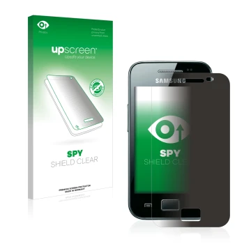 Front side of a product packaging with the brand logo upscreen. Next to it is the device Samsung Galaxy Ace S5830i shown with 