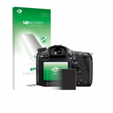 Front side of a product packaging with the brand logo upscreen. Next to it is the device Sony Alpha 99 shown with the correspo