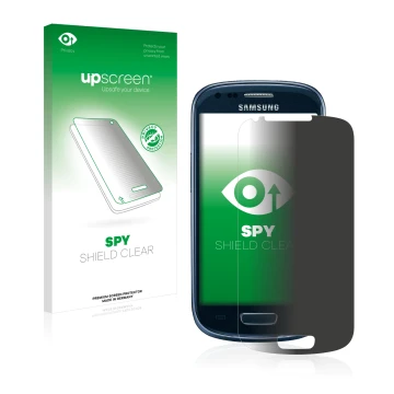 Front side of a product packaging with the brand logo upscreen. Next to it is the device Samsung Galaxy S3 Mini I8190 shown wi