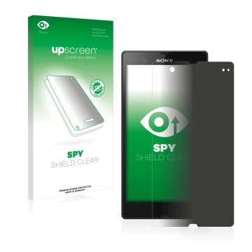 Front side of a product packaging with the brand logo upscreen. Next to it is the device Sony Xperia Z C6602 C6603 shown with 