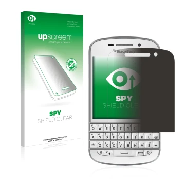 Front side of a product packaging with the brand logo upscreen. Next to it is the device BlackBerry Q10 shown with the corresp