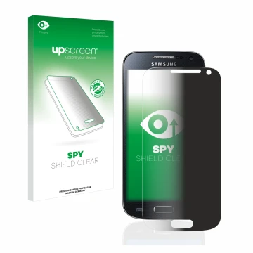 Front side of a product packaging with the brand logo upscreen. Next to it is the device Samsung Galaxy S4 Mini shown with the
