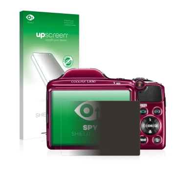 Front side of a product packaging with the brand logo upscreen. Next to it is the device Nikon Coolpix L830 shown with the cor