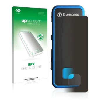 Front side of a product packaging with the brand logo upscreen. Next to it is the device Transcend MP350 shown with the corres