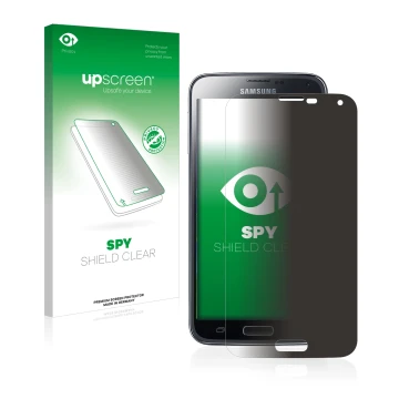 Front side of a product packaging with the brand logo upscreen. Next to it is the device Samsung Galaxy S5 shown with the corr