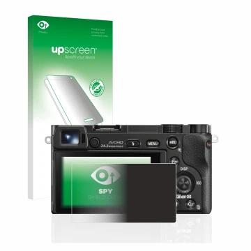 Front side of a product packaging with the brand logo upscreen. Next to it is the device Sony Alpha 6000 shown with the corres