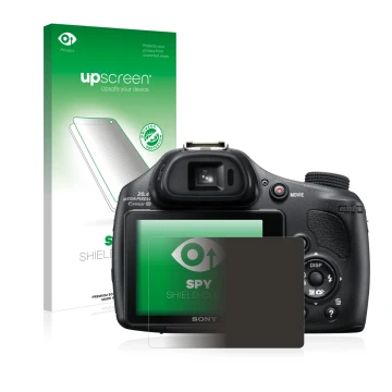 Front side of a product packaging with the brand logo upscreen. Next to it is the device Sony Cyber-Shot DSC-HX400V shown with