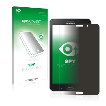 Front side of a product packaging with the brand logo upscreen. Next to it is the device Samsung Galaxy Tab Tab 4 7.0 LTE show