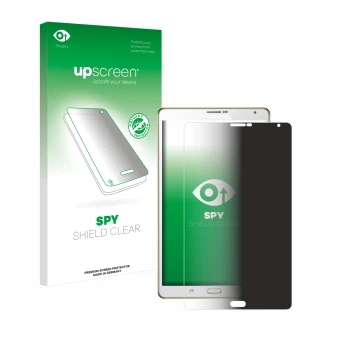 Front side of a product packaging with the brand logo upscreen. Next to it is the device Samsung Galaxy Tab S 8.4 SM-T705 show