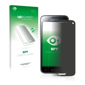 Front side of a product packaging with the brand logo upscreen. Next to it is the device Samsung Galaxy S5 Mini SM-G800 shown 