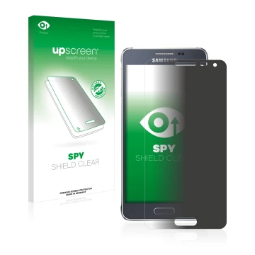 Front side of a product packaging with the brand logo upscreen. Next to it is the device Samsung Galaxy Alpha SM-G850F shown w