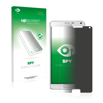 Front side of a product packaging with the brand logo upscreen. Next to it is the device Samsung Galaxy Note 4 shown with the 