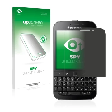 Front side of a product packaging with the brand logo upscreen. Next to it is the device Blackberry Classic Q20 shown with the