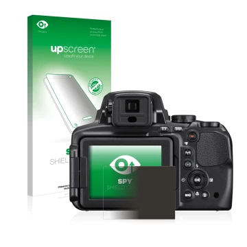 Front side of a product packaging with the brand logo upscreen. Next to it is the device Nikon Coolpix P900 shown with the cor