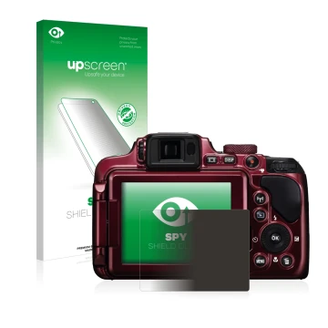 Front side of a product packaging with the brand logo upscreen. Next to it is the device Nikon Coolpix P610 shown with the cor