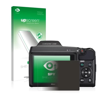Front side of a product packaging with the brand logo upscreen. Next to it is the device Nikon Coolpix L840 shown with the cor