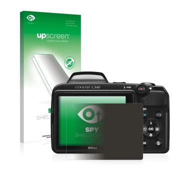 Front side of a product packaging with the brand logo upscreen. Next to it is the device Nikon Coolpix L340 shown with the cor