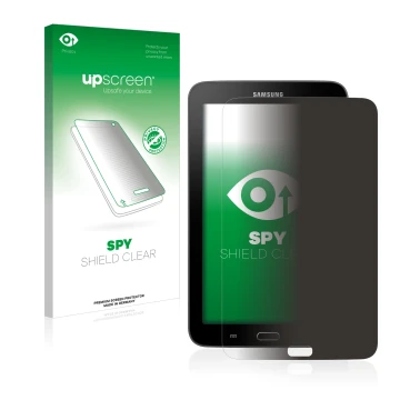 Front side of a product packaging with the brand logo upscreen. Next to it is the device Samsung Galaxy Tab 3 SM-T113 shown wi