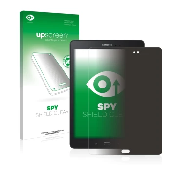 Front side of a product packaging with the brand logo upscreen. Next to it is the device Samsung Galaxy Tab A 9.7 shown with t