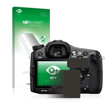 Front side of a product packaging with the brand logo upscreen. Next to it is the device Sony Alpha 77 (SLT-77) shown with the