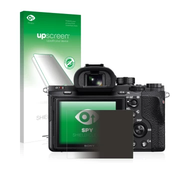 Front side of a product packaging with the brand logo upscreen. Next to it is the device Sony Alpha 7R II shown with the corre