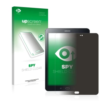 Front side of a product packaging with the brand logo upscreen. Next to it is the device Samsung Galaxy Tab S2 9.7 shown with 