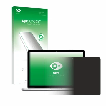 Front side of a product packaging with the brand logo upscreen. Next to it is the device Apple MacBook Retina Pro 13