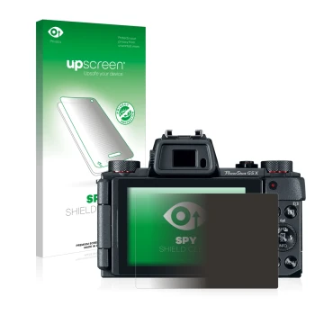 Front side of a product packaging with the brand logo upscreen. Next to it is the device Canon PowerShot G5 X shown with the c