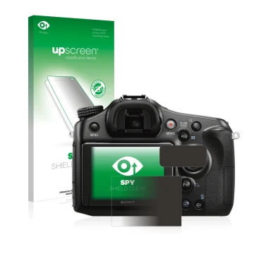 Front side of a product packaging with the brand logo upscreen. Next to it is the device Sony Alpha 68 shown with the correspo