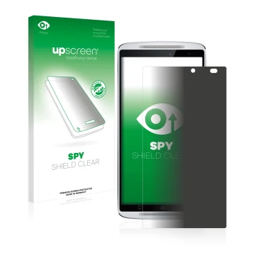 Front side of a product packaging with the brand logo upscreen. Next to it is the device Lenovo Vibe X3 (camera right only) sh