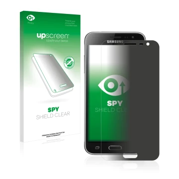 Front side of a product packaging with the brand logo upscreen. Next to it is the device Samsung Galaxy J3 Duos 2016 shown wit