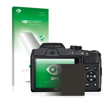Front side of a product packaging with the brand logo upscreen. Next to it is the device Nikon Coolpix B500 shown with the cor