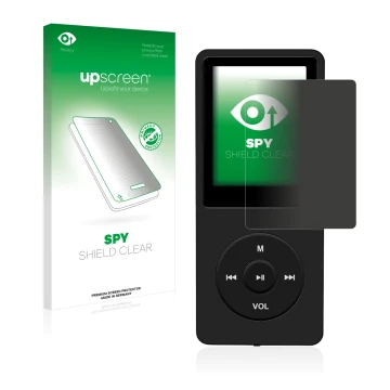 Front side of a product packaging with the brand logo upscreen. Next to it is the device AGPtek 8GB MP3-Player shown with the 