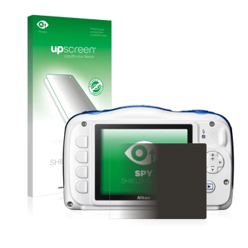 Front side of a product packaging with the brand logo upscreen. Next to it is the device Nikon Coolpix W100 shown with the cor