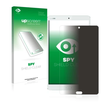 Front side of a product packaging with the brand logo upscreen. Next to it is the device Huawei MediaPad M3 8.4 shown with the