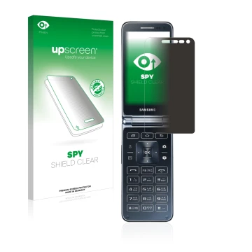 Front side of a product packaging with the brand logo upscreen. Next to it is the device Samsung Galaxy Folder 2 shown with th