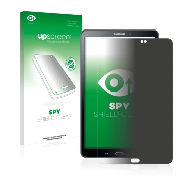 Front side of a product packaging with the brand logo upscreen. Next to it is the device Samsung Galaxy Tab A 10.1 2016 shown 