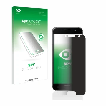 Front side of a product packaging with the brand logo upscreen. Next to it is the device Samsung Galaxy A3 2017 shown with the