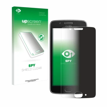Front side of a product packaging with the brand logo upscreen. Next to it is the device Motorola Moto G5 shown with the corre