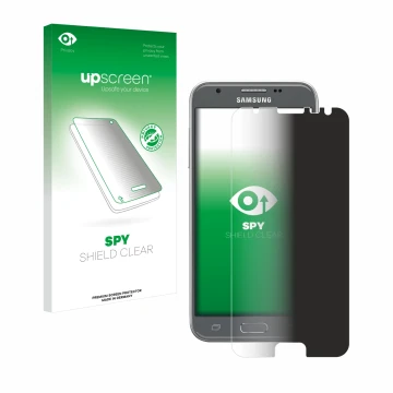 Front side of a product packaging with the brand logo upscreen. Next to it is the device Samsung Galaxy J3 2017 shown with the