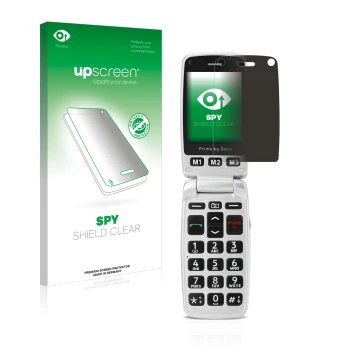 Front side of a product packaging with the brand logo upscreen. Next to it is the device Doro Primo 413 shown with the corresp