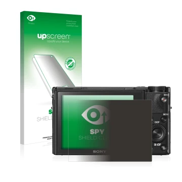 Front side of a product packaging with the brand logo upscreen. Next to it is the device Sony Cyber-Shot DSC-RX100 V shown wit