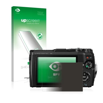 Front side of a product packaging with the brand logo upscreen. Next to it is the device Olympus Tough TG-5 shown with the cor
