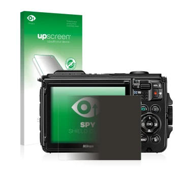 Front side of a product packaging with the brand logo upscreen. Next to it is the device Nikon Coolpix W300 shown with the cor