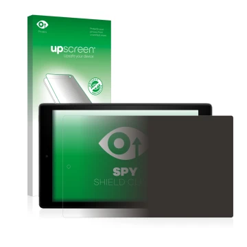 Front side of a product packaging with the brand logo upscreen. Next to it is the device Amazon Fire HD 10 2017 (7th Gen.) sho